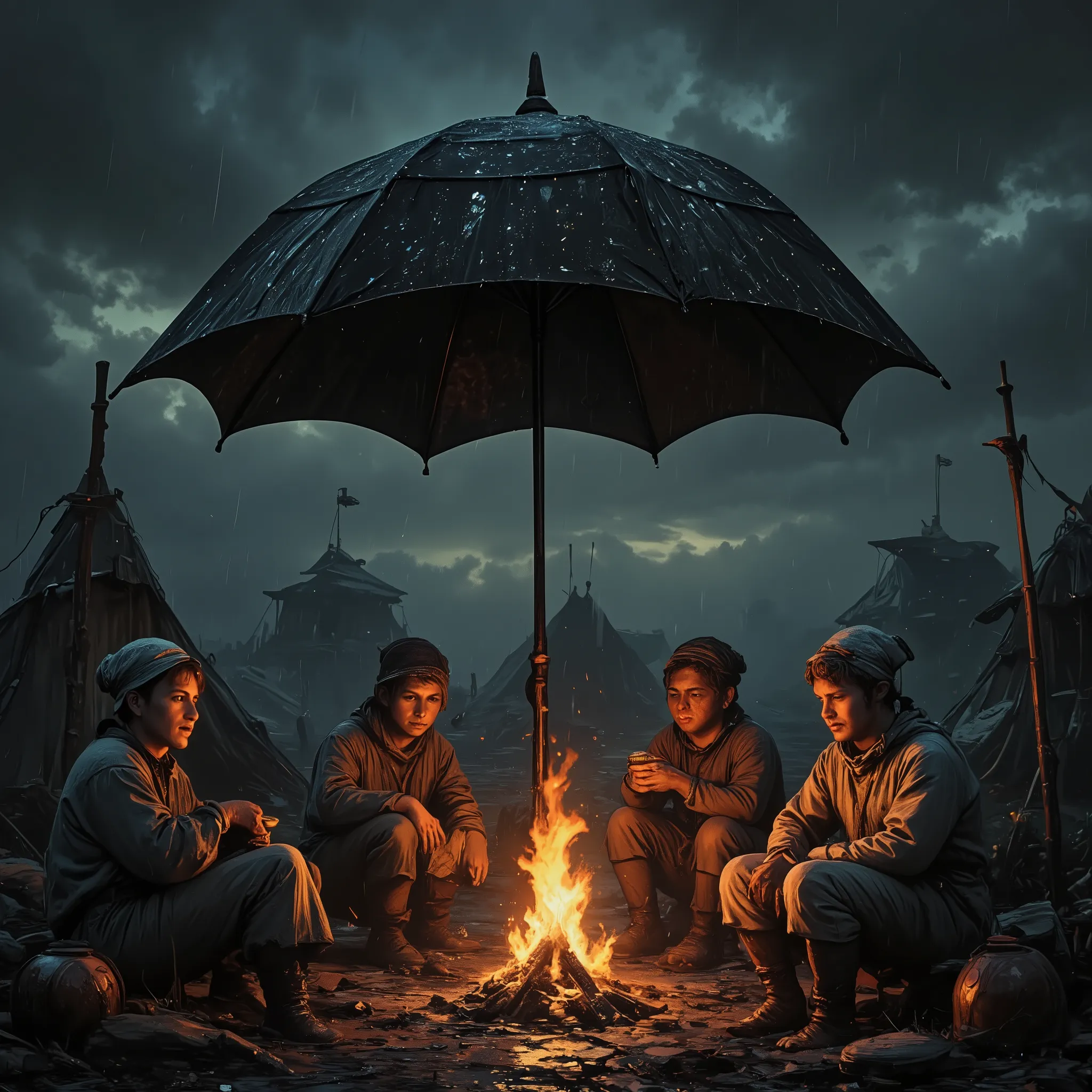 (it's pouring rain:1.8). Under a huge, open black umbrella, the enormous and giant umbrella is planted in the ground, the handle is completely embedded in the earthits handle stuck in the ground like a beach umbrella, A group of miniature adult travelers ...