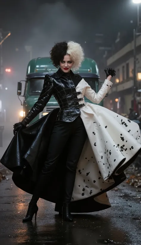 masterpiece, ultra-high quality, photorealistic, dramatic fashion scene, glamorous villain woman standing on a moving garbage truck, ultra-long luxurious black and white couture gown trailing behind, flowing fabric in the wind, cinematic lighting, late nig...