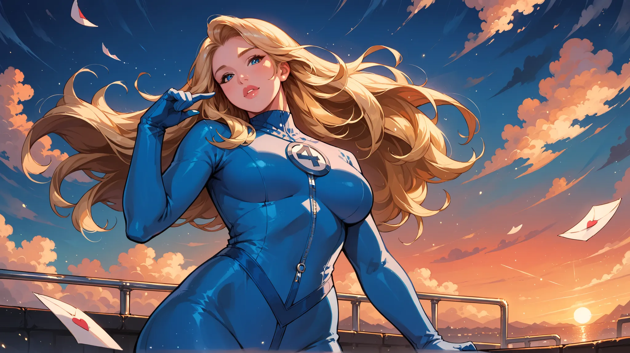 blue bodysuit, blue turtleneck, blue gloves, susanrichards, jalba,Dark Fantasy Art of score_9, score_8_up, score_7_up, rating_questionable, fantasy, lighting, epiCPhoto 1girl, solo, very sexy (blonde, long hair:1.1), beautiful waifu, Deep blue jumpsuit, si...