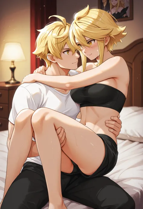 Arthur Pendragon carrying Leone in a cozy bedroom, romantic and intimate atmosphere. Arthur wears a simple white shirt and loose boxer pants, his arms holding Leone securely. Leone, shor hair blonde, yellow gold eyes, shor hair girl, aaleone, wears a sleek...