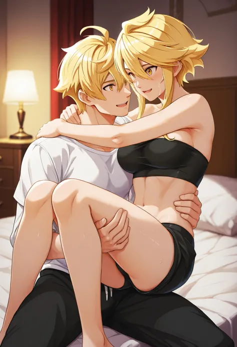 Arthur Pendragon carrying Leone in a cozy bedroom, romantic and intimate atmosphere. Arthur wears a simple white shirt and loose boxer pants, his arms holding Leone securely. Leone, shor hair blonde, yellow gold eyes, shor hair girl, aaleone, wears a sleek...