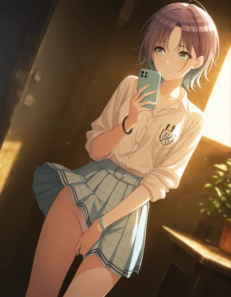 masterpiece,best quality, good quality, dark ,,indoors,((cinematic light)) shanimas, source_anime,asakura toru, short hair, brown hair, blue hair, blue eyes, 1girl, solo, looking away, ahoge, bracelet, earrings, (white shirt, mini skirt, ), collared shi...