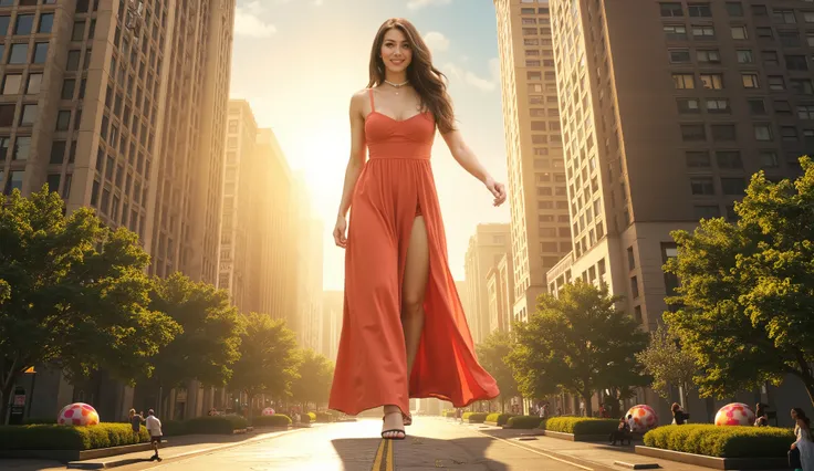 15 year old giantess girl in dress walking through the street,towering skyscrapers,smiling,sunny,best quality,4k,8k,high resolution,masterpiece,ultra-detailed,realistic,photorealistic,photo-realistic,HDR,UHD,studio lighting,ultra-fine painting,sharp focus,...