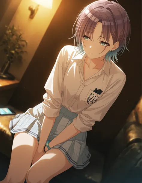 masterpiece,best quality, good quality, dark ,,indoors,((cinematic light)) shanimas, source_anime,asakura toru, short hair, brown hair, blue hair, blue eyes, half-closed eyes, , 1girl, solo, looking away, ahoge, bracelet, earrings, (white shirt, gray min...