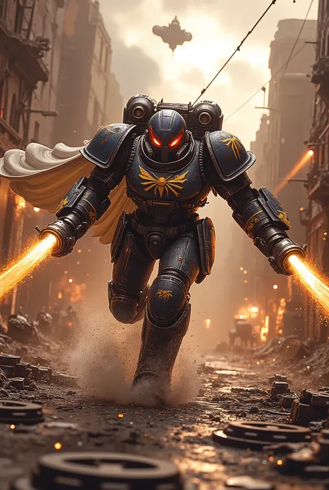 Soilder Spider-Man charges through a ruined dystopian street at dawn, caught mid-slash with his roaring chain sword, teeth spinning and glowing with golden runes, cleaving through armored enemies. His WWI Stormtrooper-style power armor — reinforced with bo...