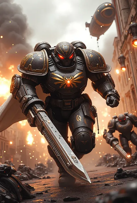 Soilder Spider-Man charges through a ruined dystopian street at dawn, caught mid-slash with his roaring chain sword, teeth spinning and glowing with golden runes, cleaving through armored enemies. His WWI Stormtrooper-style power armor — reinforced with bo...