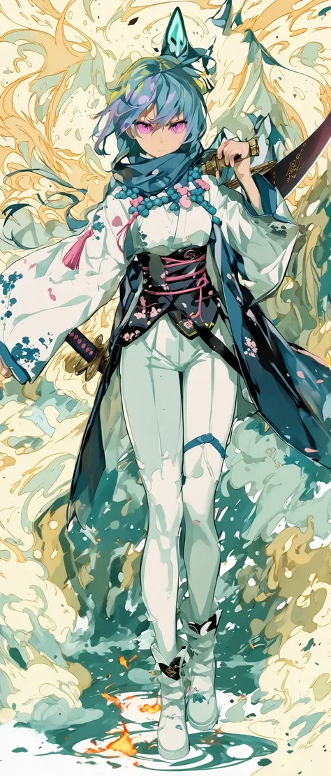 Wearing a black and pink high school girl uniform、Anime girl with a sword, Burning, standing in waste, clean and detailed anime art, inspired by Kano Hogai, she has a sword, Samurai Sword Pulling Out a Sword,  Flat anime style , Fate/Stay Night, beautiful ...