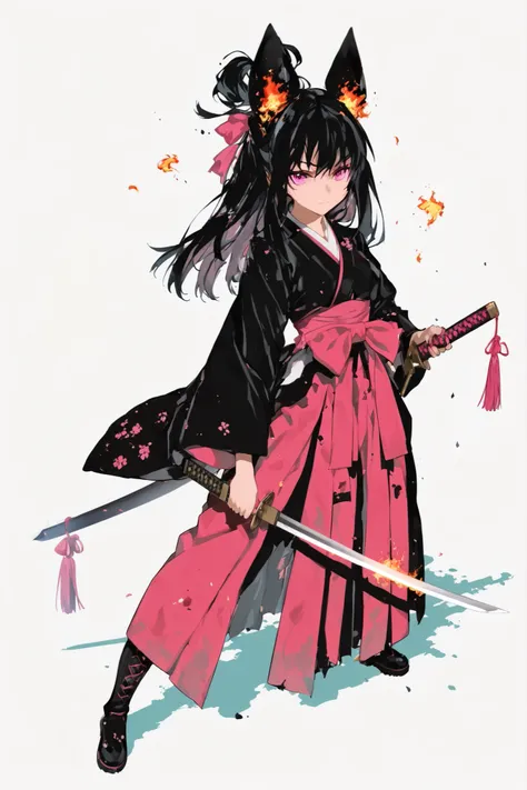 Wearing a black and pink high school girl uniform、Anime girl with a sword, Burning, standing in waste, clean and detailed anime art, inspired by Kano Hogai, she has a sword, Samurai Sword Pulling Out a Sword,  Flat anime style , Fate/Stay Night, beautiful ...
