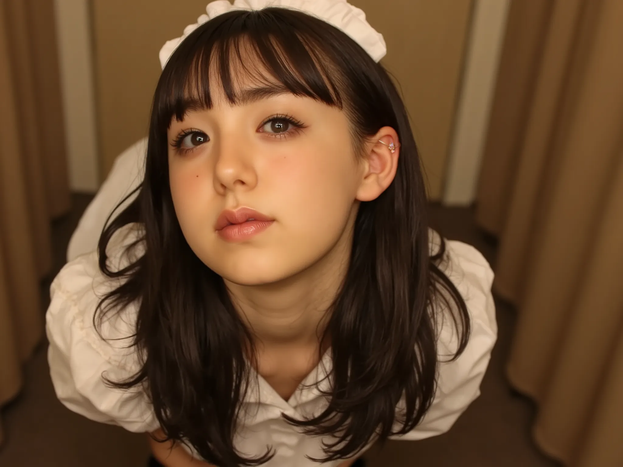 POV, ((full body:1.5)), ((Two sexy maids kneel in front of the bedroom entrance:1.5)), ((A small mouth wide open)), ((heart shaped nipple paste:1.5)), (very short hair, up hair), (empty eyes), black high heels, (forehead), (earrings) 