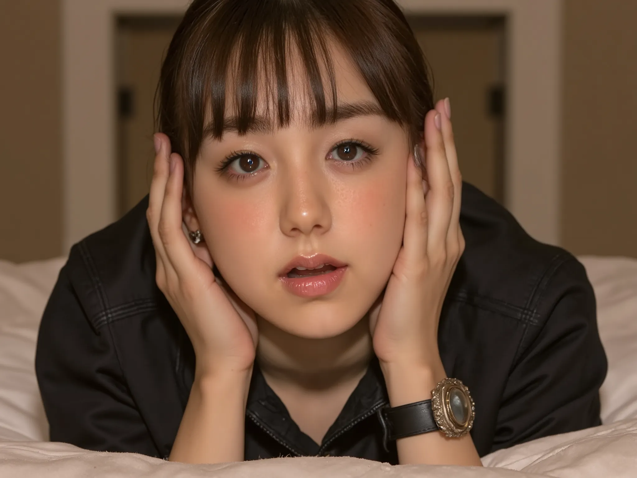 POV, ((full body:1.5)), ((Two sexy maids kneel in front of the bedroom entrance:1.5)), ((A small mouth wide open)), ((heart shaped nipple paste:1.5)), (very short hair, up hair), (empty eyes), black high heels, (forehead), (earrings) 