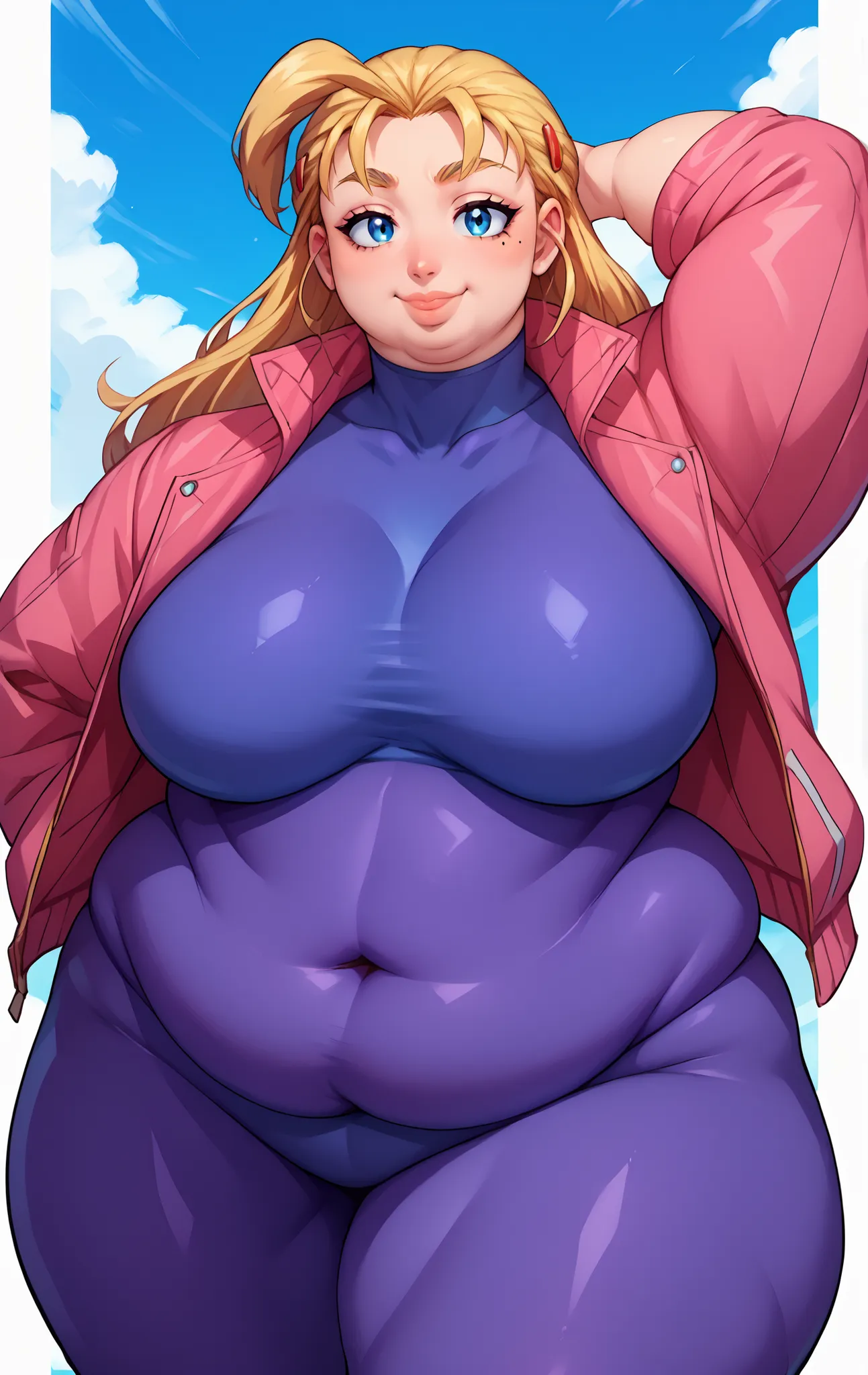 1girl, solo ,miu, blonde hair, long hair,bangs, blue eyes, mole under right eye, sexy body, large breasts,pink jacket, purple bodysuit, hairclips, huge breasts, arm up, blue sky, thick thighs, curvy, mature female, fat, chubby, obese, round face, fat face,...