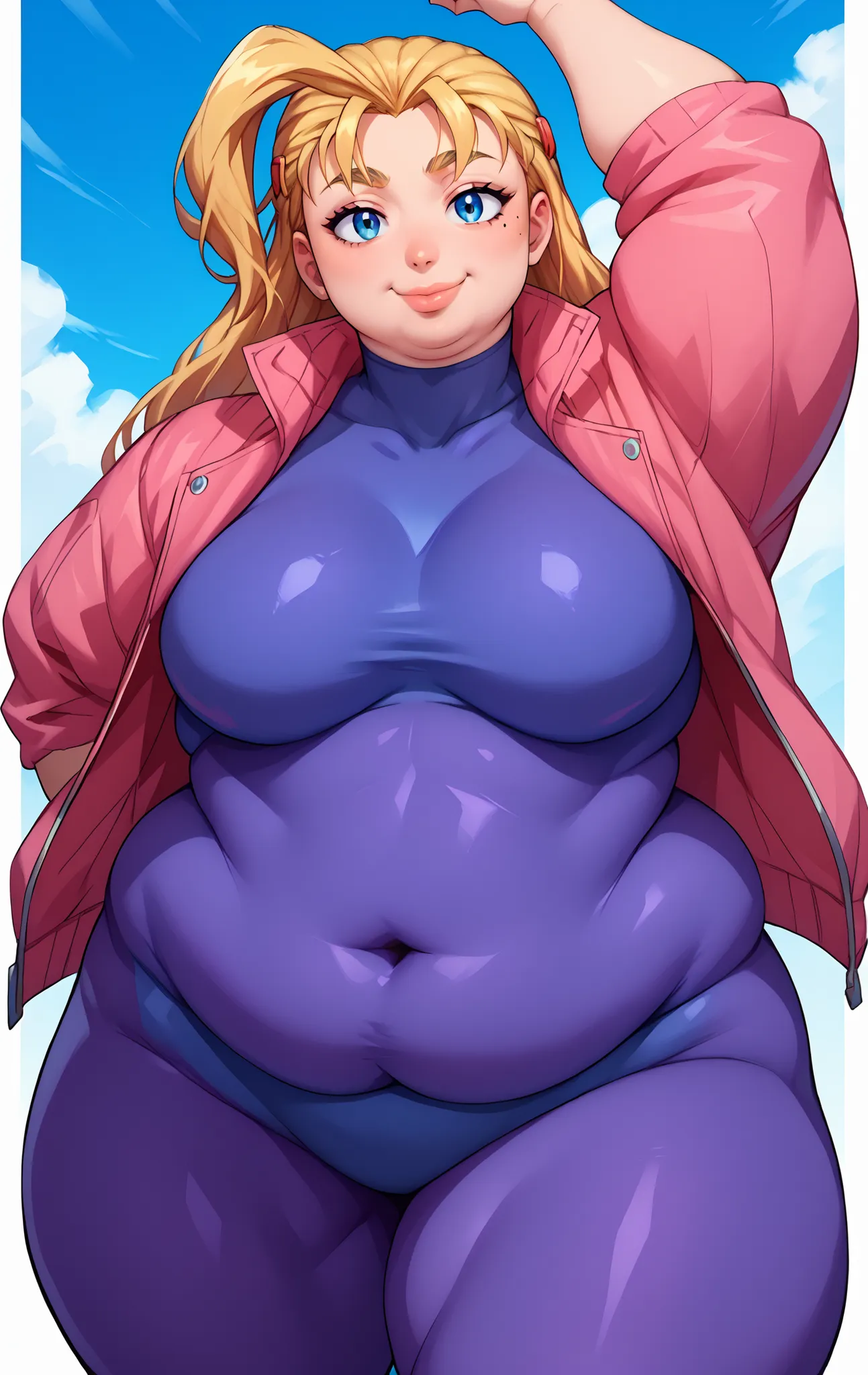 1girl, solo ,miu, blonde hair, long hair,bangs, blue eyes, mole under right eye, sexy body, large breasts,pink jacket, purple bodysuit, hairclips, huge breasts, arm up, blue sky, thick thighs, curvy, mature female, fat, chubby, obese, round face, fat face,...