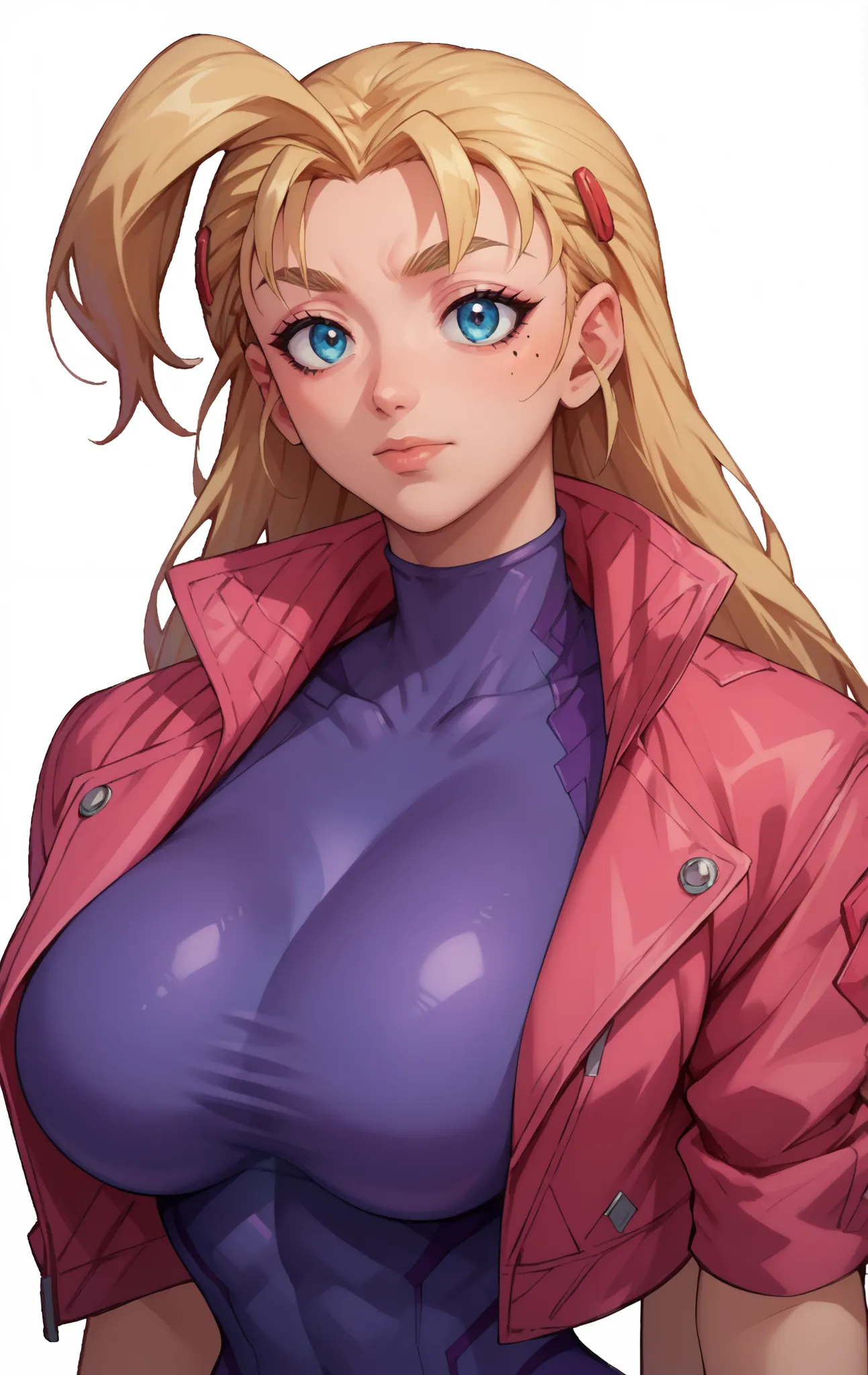 1girl, solo ,miu, blonde hair, long hair,bangs, blue eyes, mole under right eye, sexy body, large breasts,pink jacket, purple bodysuit, hairclips, huge breasts, 