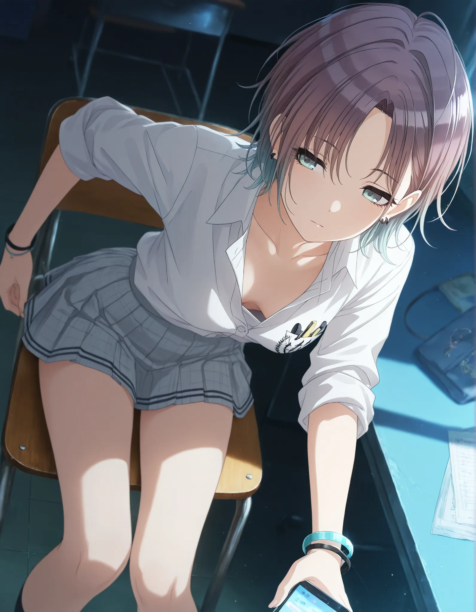  masterpiece,best quality, good quality, dark ,school ,indoors,((cinematic light)) shanimas,  source_anime,asakura toru, short hair, brown hair, blue hair, blue eyes, half-closed eyes, , 1girl, solo, looking away, ahoge, bracelet, earrings, (white shirt, g...