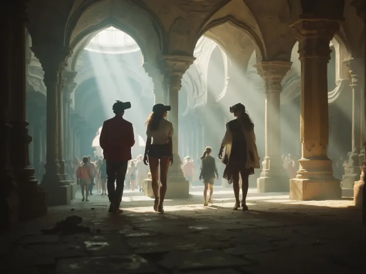 people with VR head-set are on the very classic anient medieval street, their clothes are all different , look around, with black glove, the street is really crowded and joyful,  with open spaces, a glass façade大きな吹き出しやねがある。夕焼け、
 People walking leisurely u...