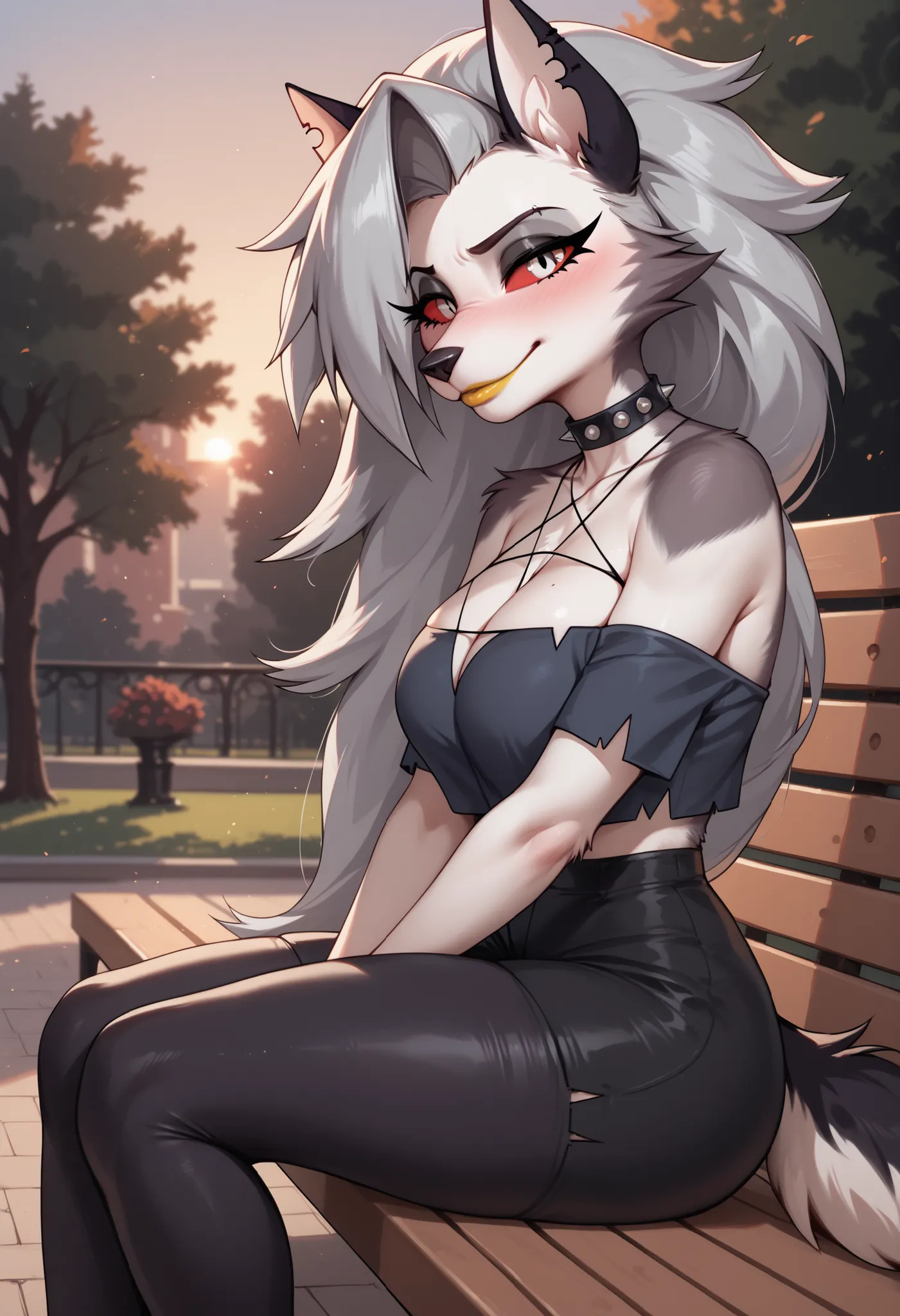female Furry, large breasts, anime style, yellow lipstick, gray hair, body hair, black hair, white hair, red eyes, character focus, looking at viewer, side view, nervous smile, sitting on a bench, sunset lighting, park, nervous, blushing, embarrassed, smil...
