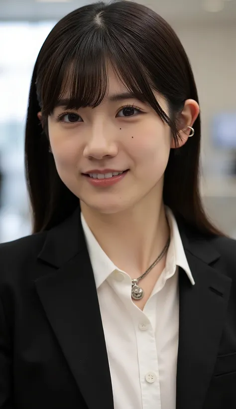 Neat Young Woman、and look at the camera、office lady suit、jacket、shirt、necklace、、ear piercing、、Has bangs、smile showing teeth、薄い茶髪、Bust Up Shot、background is office
