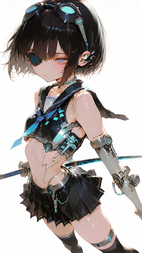 dynamic pose, foreshortening, extreme perspective, ((Cyber JK))、Machine Girl、(((dark haired)))、solo ,(( Cyborg Girl )) , Cyber Sailor Suit、cyber pleated skirt、cyber knee-high socks、short hair,Blue Eyes、narrow eyes、Black Eye Patch、Black Goggles on Head、flat chest、mechanical prosthesis、No expression、Thighs are skin colored、((has a Japanese sword))、cool pose、((( rich nature)))、simple background、white background、