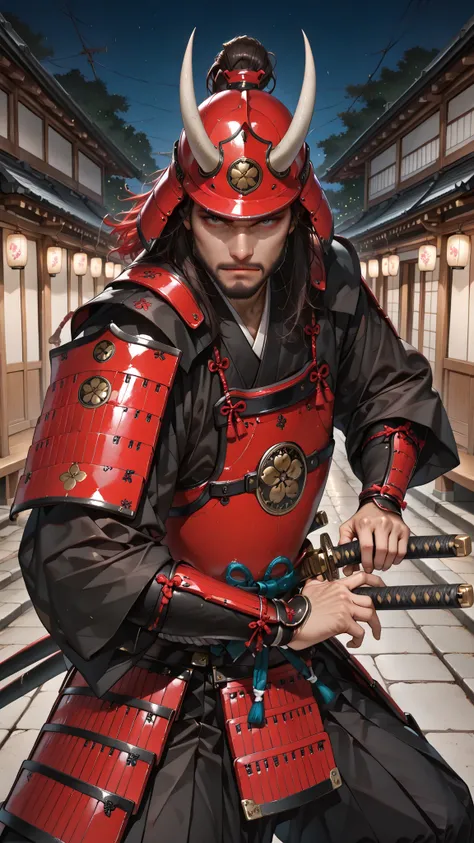 masterpiece, best quality, vibrant, very aesthetic, high contrast, (semrealistic), newest, koreanai, best_quality, finely_detailed_eyes_and_detailed_face, (1 man),masculine, black_eyes, (beard:1.2) ,(muscular:1.3, (short_man:1.2),BREAK, samurai, shogun, re...