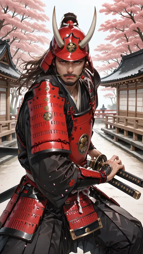 masterpiece, best quality, vibrant, very aesthetic, high contrast, (semrealistic), newest, koreanai, best_quality, finely_detailed_eyes_and_detailed_face, (1 man),masculine, black_eyes, (beard:1.2) ,(muscular:1.3, (short_man:1.2),BREAK, samurai, shogun, re...