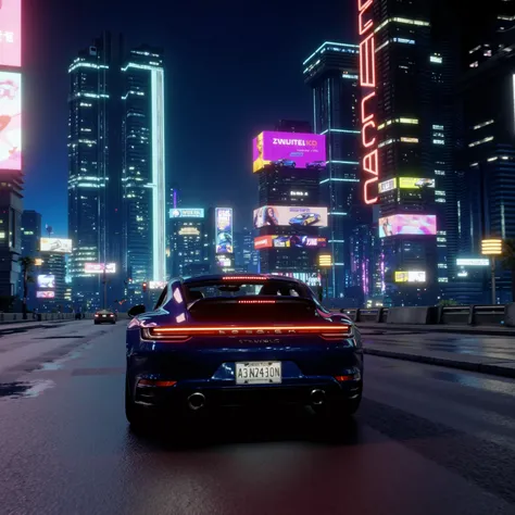 zavy-cbrpnkct, pov of a porsche 911 drifting around a corner in a cyberpunk street in night city, cyberpunk city at night, amazing neon advertisement boards about hypercars, vertical linear light beams of advertisement fading up into the sky