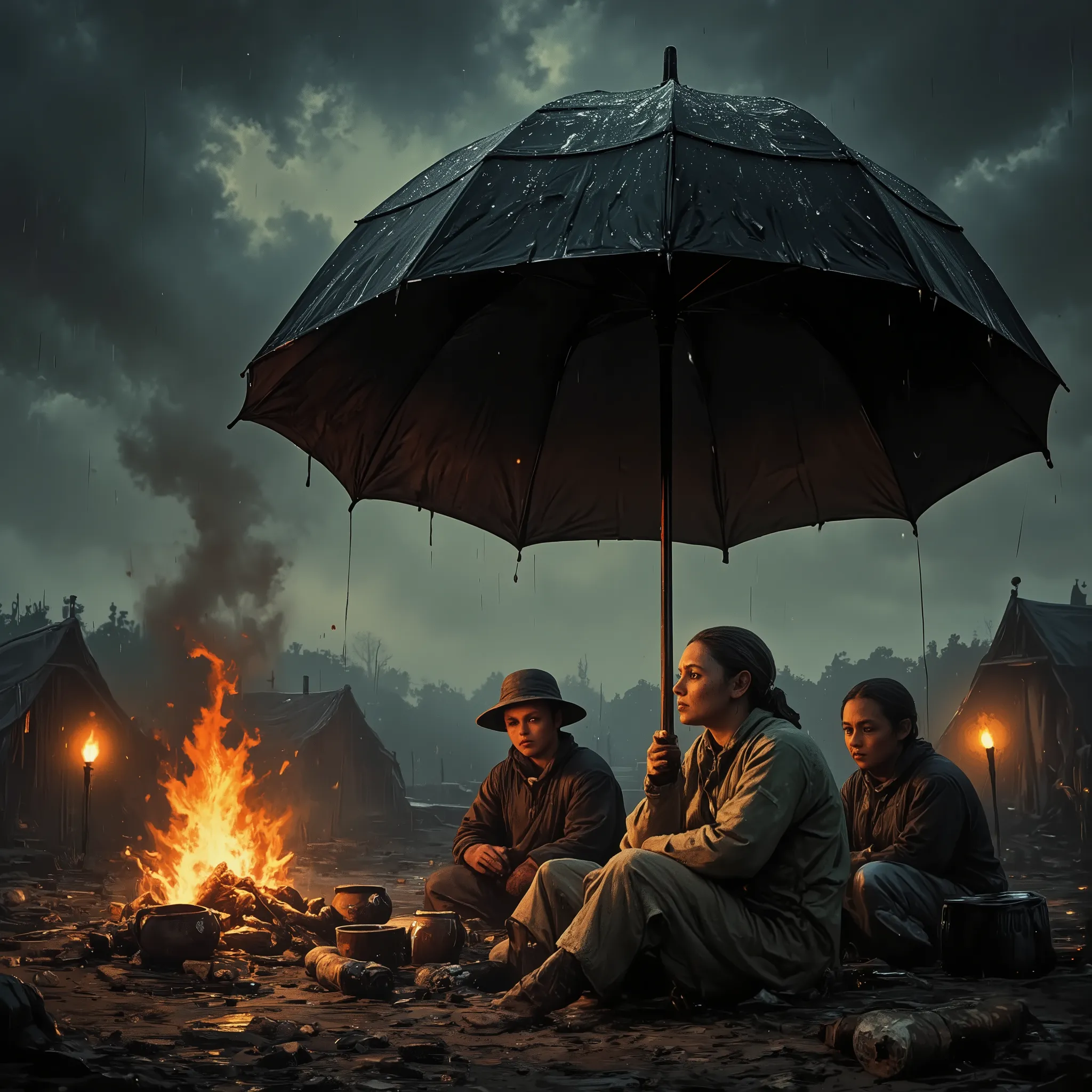  (it's pouring rain:1.8). Under a huge, open black umbrella, the enormous and giant umbrella is planted in the ground, the handle is completely embedded in the earthits handle stuck in the ground like a beach umbrella, A group of miniature adult travelers ...