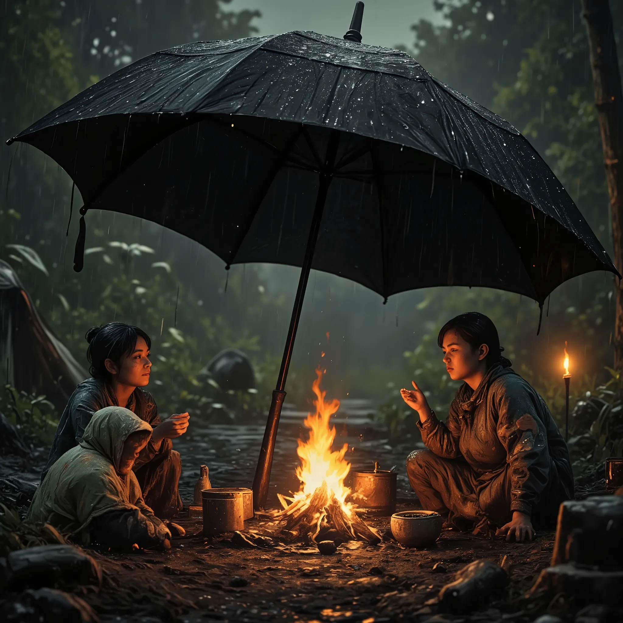  (it's pouring rain:1.8). Under a huge, open black umbrella, the enormous and giant umbrella is planted in the ground, the handle is completely embedded in the earthits handle stuck in the ground like a beach umbrella, A group of miniature adult travelers ...