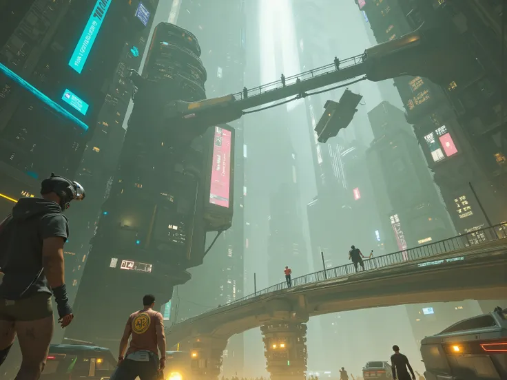 people with VR head-set are on Futuristic 1(best quality,4k,8k,highres,masterpiece:1.2), photorealistic,photo-realistic:1.37)mad-srgns, highly detailed futuristic cybercity, towering skyscrapers with large media screens, gleaming metal and glass buildings,...