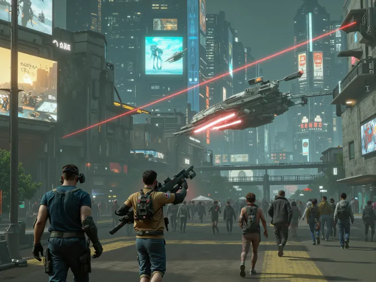 people with VR head-set are on Futuristic 1(best quality,4k,8k,highres,masterpiece:1.2), photorealistic,photo-realistic:1.37)mad-srgns, highly detailed futuristic cybercity, towering skyscrapers with large media screens, gleaming metal and glass buildings,...