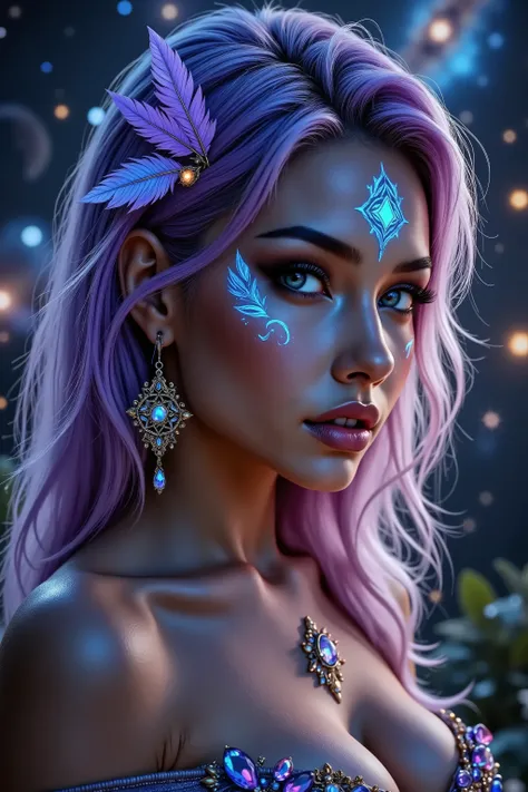 Masterpiece, Top Quality, Fantasy portrait, tribal goddess, intricate face paint, glowing blue patterns, ornate headdress, bioluminescent makeup, ethereal lighting, vibrant turquoise and orange, detailed jewelry, mystical atmosphere, digital art, high deta...