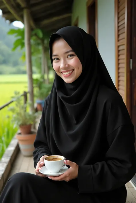 Prompt
Fresh water, a cup of warm coffee in the hands of a Muslim woman wearing a hijab, smiling sweetly sitting on the porch of a simple house in the middle of a rice field, wearing a traditional black