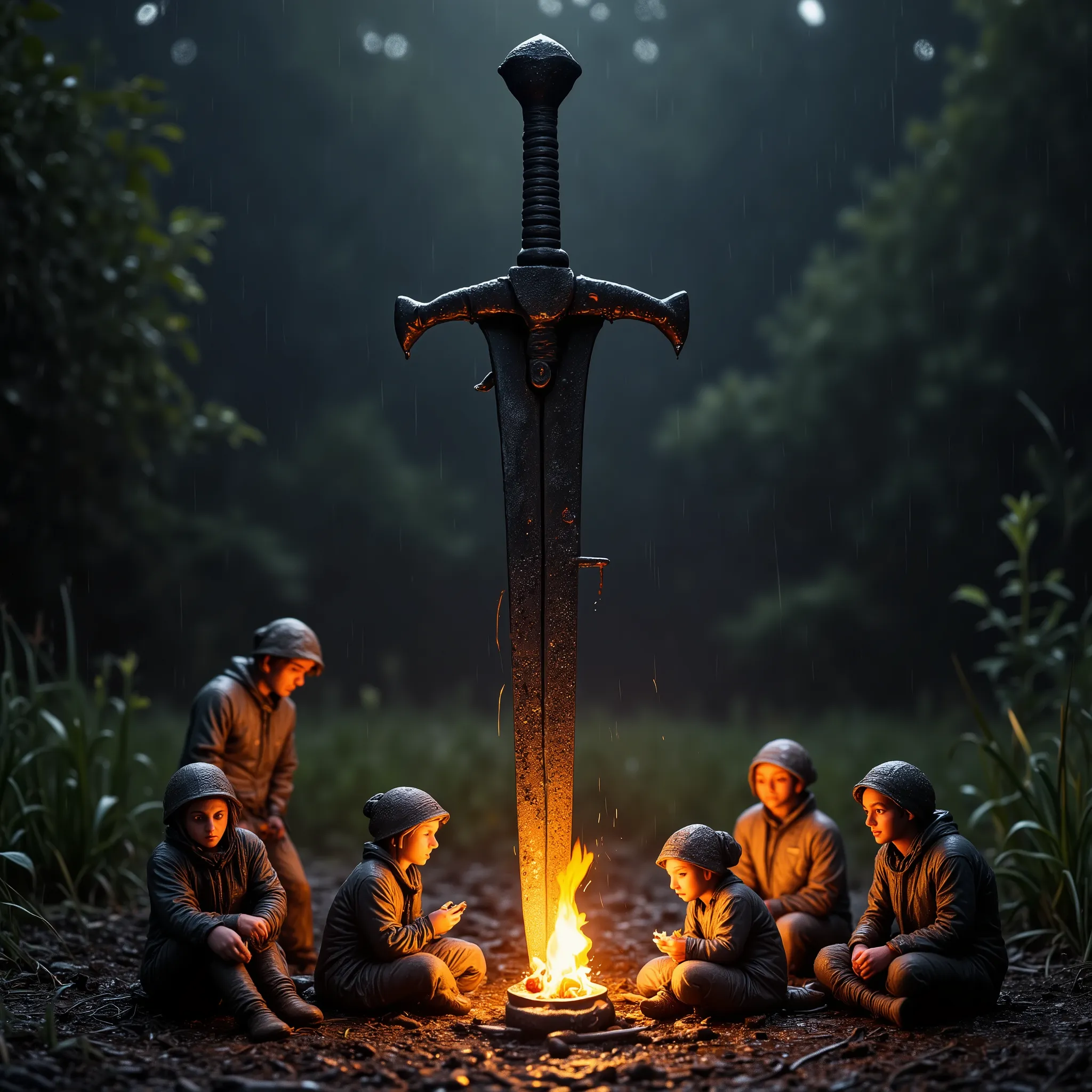  (it's pouring rain:1.8). Under a huge, black sword, the enormous and giant sword is planted in the ground, the handle is completely embedded in the earth, its handle stuck in the ground like a tree, A group of miniature adult travelers rests next to the b...