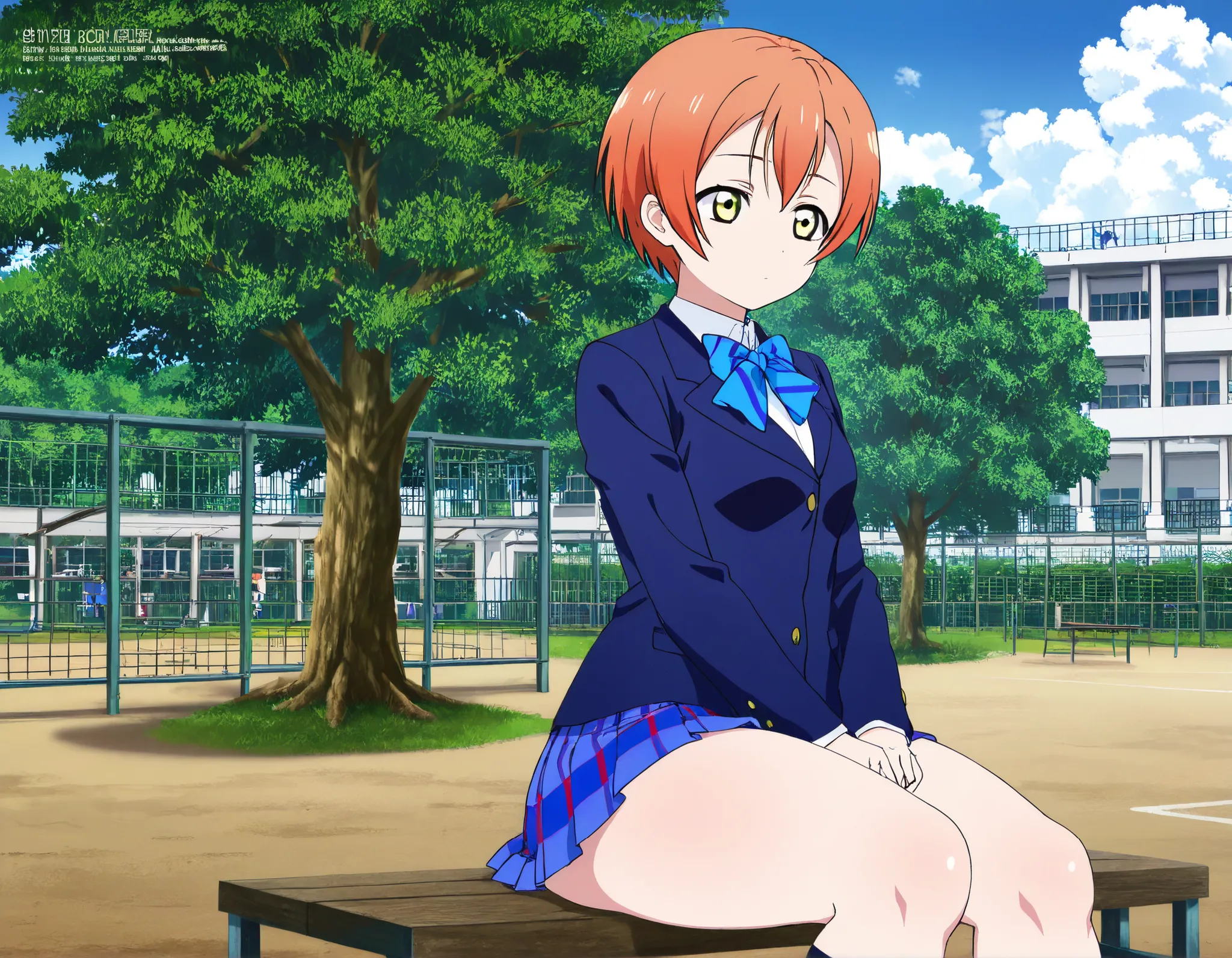masterpiece,highest quality,amazing quality,unwellness expressionless rin hoshizora, short hair, jacket, yellow eyes, orange hair, pixie cut,
skirt, school uniform, jacket, blazer, winter uniform, otonokizaka school uniform,thick thighs,sitting in bench,ko...