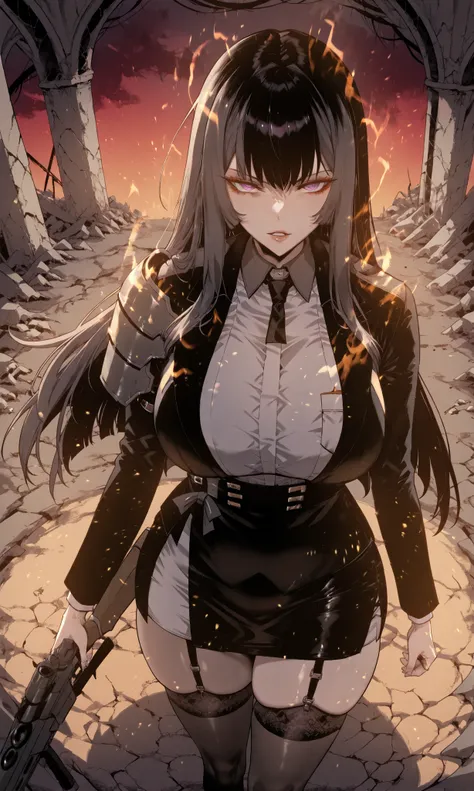 caveの中、、Ruins、Attach a、black suit、Attach a、sword、Japanese sword、black suitを羽織る、black suit、Wear a black jacket、ゴスロリなshirt、Depressed、Tall Woman、A woman in her thirties、 Alassah's woman、Steins;Gate、black suit、score_9, score_8_up, score_7_up, Source_anime,mast...