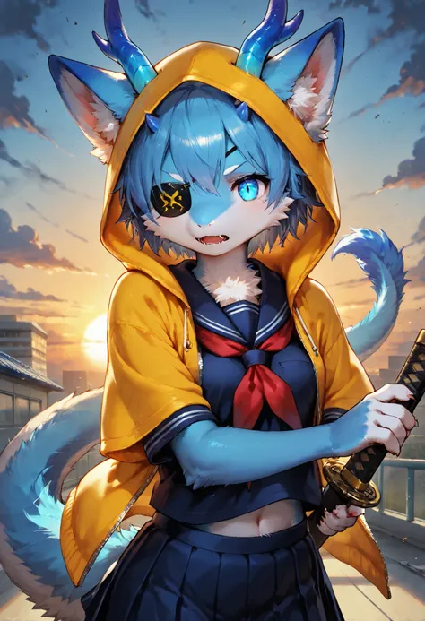 score_9, score_8_up, score_7_up,solo , anthro ,furred dragon, female, white and blue fur,  horns, tail, chest fluff, paws, fangs, blue eyes, slim body, yellow hood, eye patch, action pose, katana, school uniform, half-length portrait, serious face, glowing...