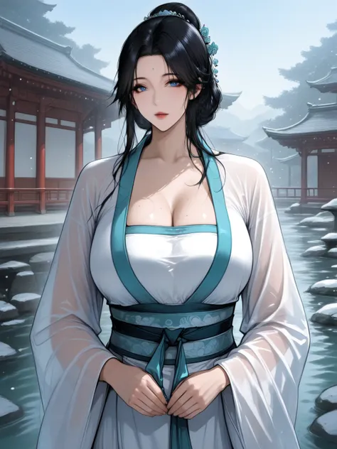 Mature Woman , 40 year old , black hair , hair bun , white hanfu , showing cleavage , beautiful blue eyes , extremely detailed , high resolution , east asian architecture background, looking at viewer
