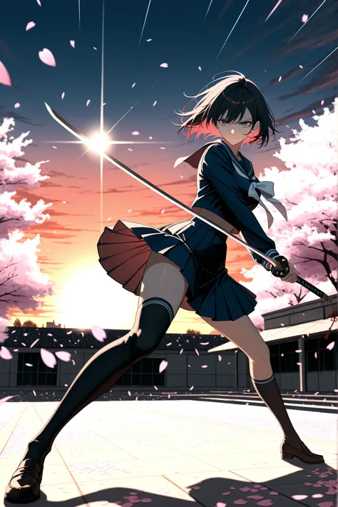 masterpiece, best quality, ultra-detailed, 1 high school girl, Girl in uniform, sailor suit, pleated skirt, knee-high socks, wielding a Japanese sword, Dynamic Pose, action scene, Battle Scene, hair fluttering in the wind, serious expression, Dynamic, Moti...