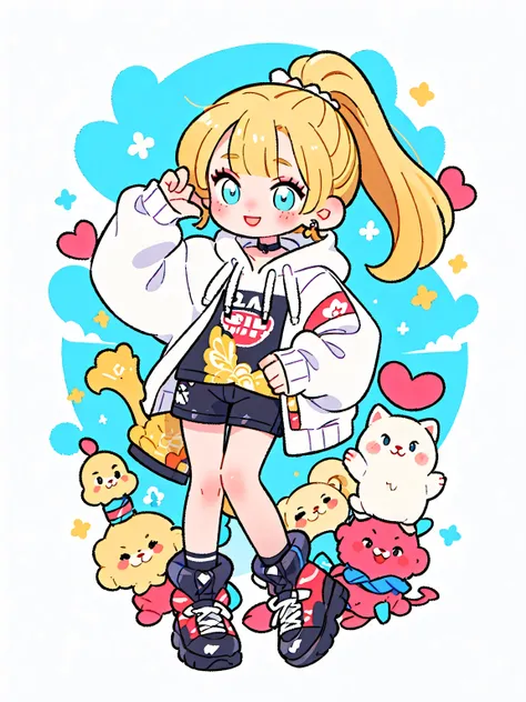 Blonde, ponytail, Blunt bangs, light blue and emerald eyes, Yellow eyelashes, Beautiful Girls in Anime, Clean small surfaces, 1 cute girl, Adult Gal、improve, 23 years old, high quality illustration 、 Fashion Model , cute、Alone, whole body、Narrow eyes, wh...