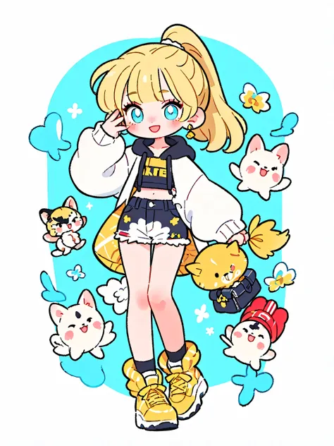 Blonde, ponytail, Blunt bangs, light blue and emerald eyes, Yellow eyelashes, Beautiful Girls in Anime, Clean small surfaces, 1 cute girl, Adult Gal、improve, 23 years old, high quality illustration 、 Fashion Model , cute、Alone, whole body、Narrow eyes, wh...