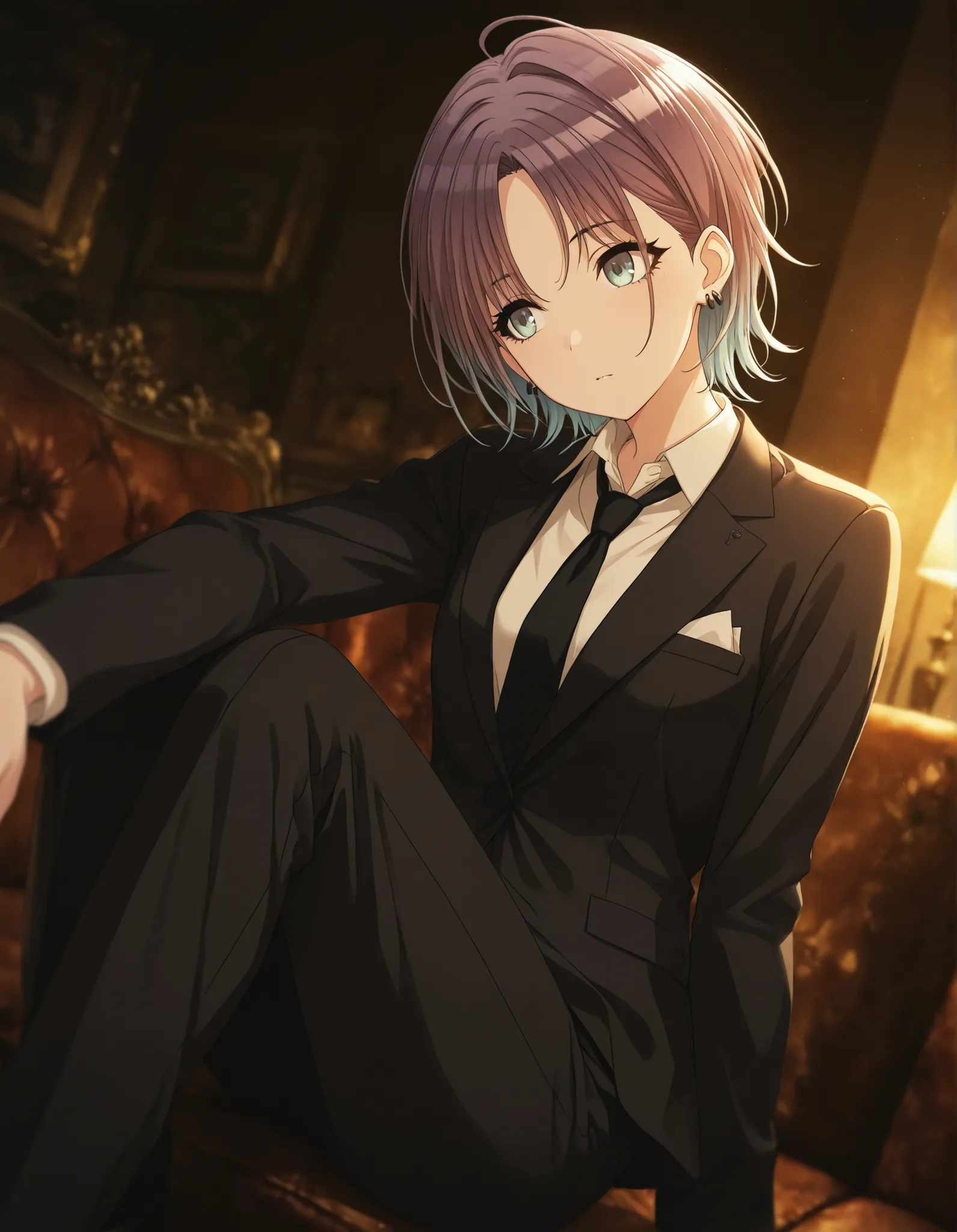  masterpiece,best quality, good quality, dark ,  ,indoors,((cinematic light)) shanimas,  source_anime,asakura toru, short hair, brown hair, blue hair, blue eyes, , , 1girl, solo, looking away, ahoge, , earrings, (black suit style), collared shirt, black ne...