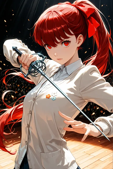 masterpiece,Rich color  ,slender:1.2,cinematic lighting,1girl,throw,rapier,dynamic pose,school uniform:1.3, red ribbon tie:1.2,medium chest, Red Eyes, red hair, high ponytail,red hair bow:1.7,serious expression,naval school cardigan,masterpiece, 最High Qual...