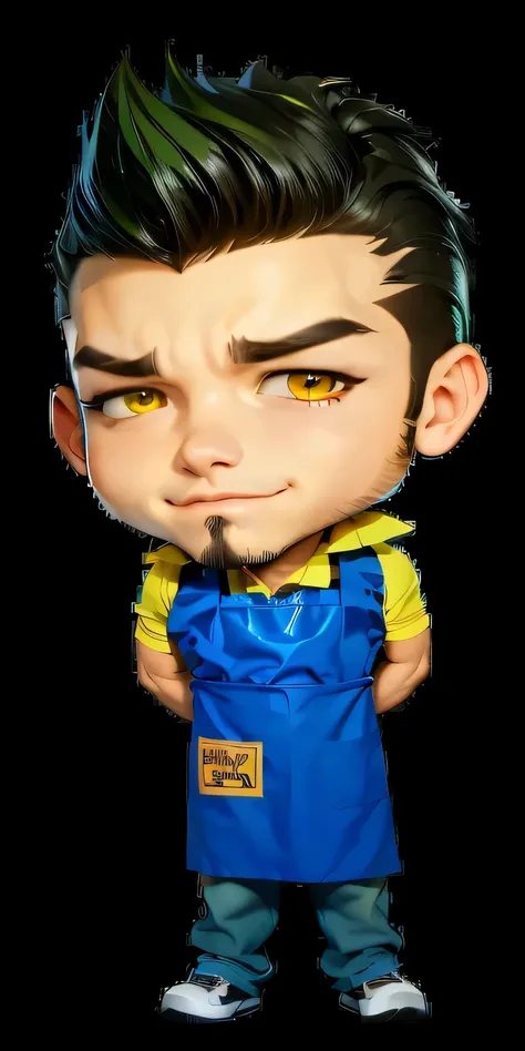 handsome and muscle manly salesperson with golden color lion's eyes and bright and sharp manly piercing Asian eyes eyes. He has dark short hair and short pompadour hairstyle. He has hairy eyebrows and hairy beard on his all chin. He is wearing a fluorescen...