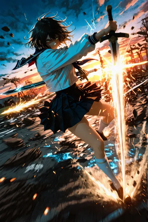 top quality, masterpiece, super definition, 2 high school girls, Fierce sword fight, sailor suit, pleated skirt, high socks, Clash of Japanese Swords, Sparks fly, sense of speed, powerful composition, Dynamic Pose, Airborne, Figure dancing in the air , Win...