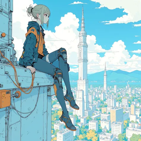 Cyborg Girl Nude、 mechanical body 、video、Picturesque posture on the roof of a skyscraper、cyberpunk style itself、Extreme Perspective、Perspective、low position、 low angle between mountains、wide angle lens、soft、light、lightweight、Dutch angle、Flat Anime、