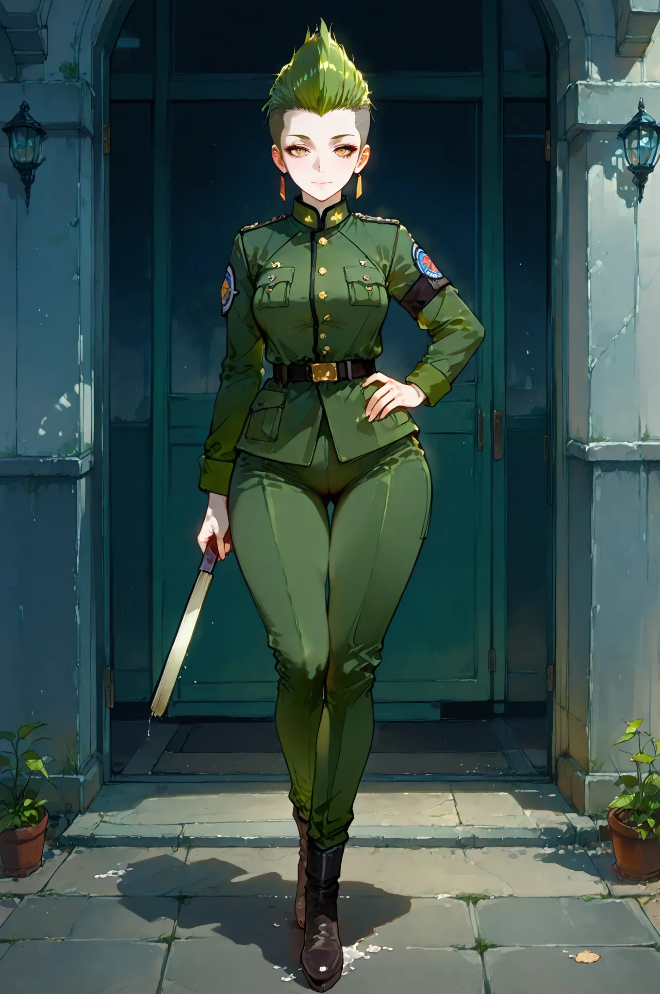 masterpiece, best quality, amazing quality, high resolution, hyper-detailed,rating_explicit, fan art, nsfw, mature beautiful woman, two-head monster girl, ginger hair, mohawk haircut, medium breasts, wide hips, pale skin,full body, sensual green uniform, f...