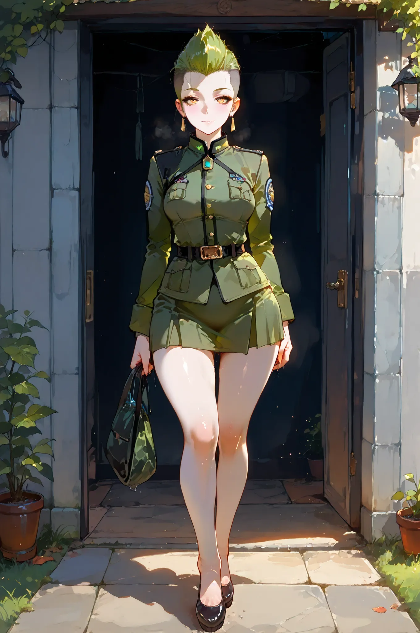 masterpiece, best quality, amazing quality, high resolution, hyper-detailed,rating_explicit, fan art, nsfw, mature beautiful woman, two-head monster girl, ginger hair, mohawk haircut, medium breasts, wide hips, pale skin,full body, sensual green uniform, f...