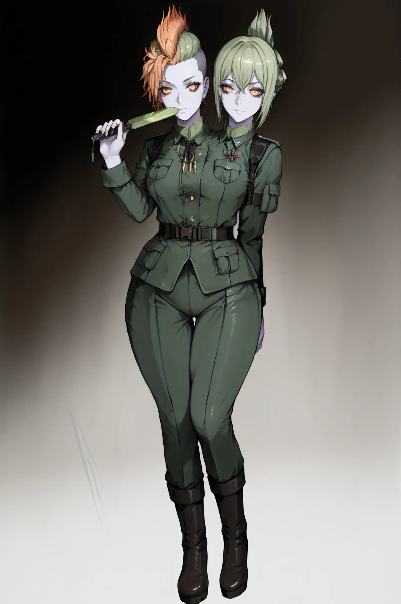 masterpiece, best quality, amazing quality, very aesthetic, high resolution, very aesthetic, hyper-detailed,rating_explicit, fan art, nsfw, mature beautiful woman, two-head monster girl, ginger hair, mohawk haircut, medium breasts, wide hips, pale skin,ful...