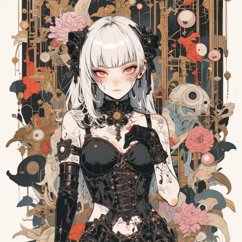 watercolor fusion, Acrylic and Collage, conceptual installation art, Dull Image Processing ,  Doll Country Characters 、Titania, with shiny, silky straight hair that shines pure white in rainbow colors、black bow, Short, uncut bangs,  Seductive Ruby Red Eyes...