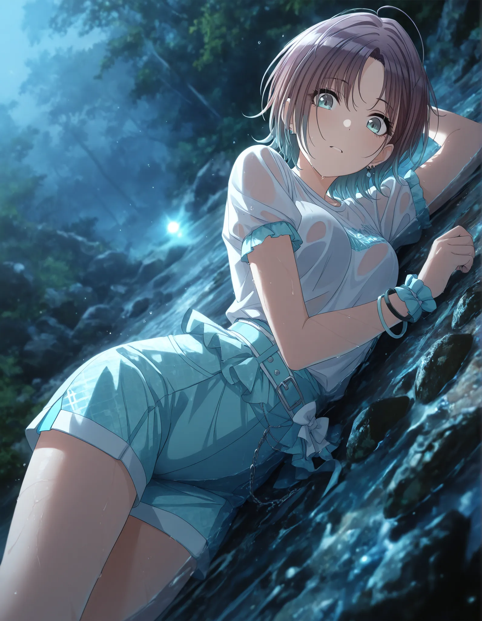  masterpiece,best quality, good quality, dark ,outdoors, ruin, ((cinematic light)) shanimas,  source_anime,asakura toru, short hair, brown hair, blue hair, blue eyes, wide eyed, , 1girl, solo, looking down, ahoge, bracelet, earrings, (white shirt, light bl...