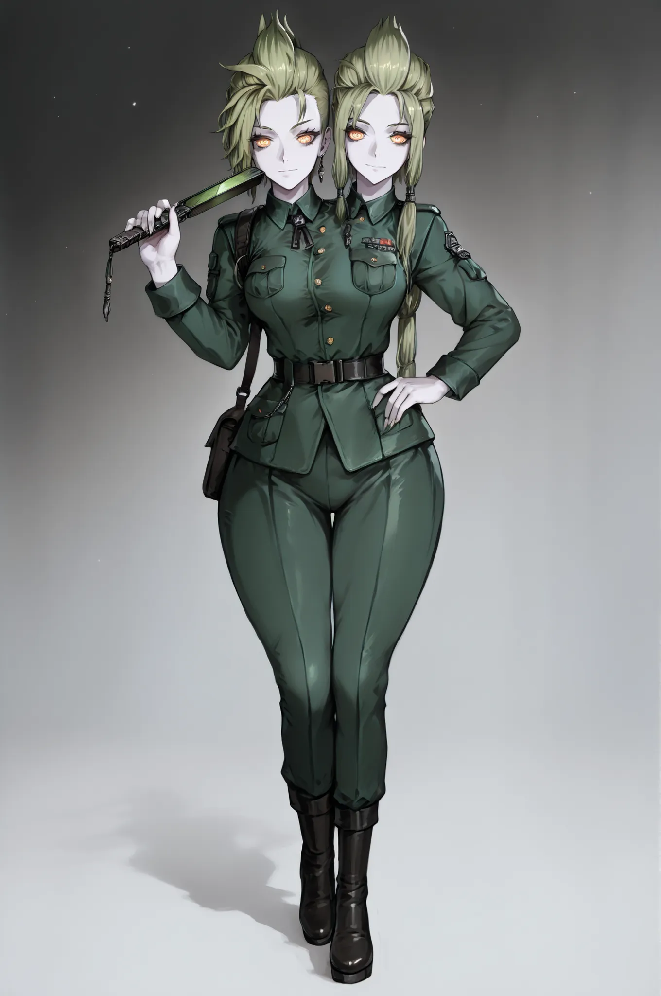 masterpiece, best quality, amazing quality, very aesthetic, high resolution, very aesthetic, hyper-detailed,rating_explicit, fan art, nsfw, mature beautiful woman, two-head monster girl, ginger hair, mohawk haircut, medium breasts, wide hips, pale skin,ful...